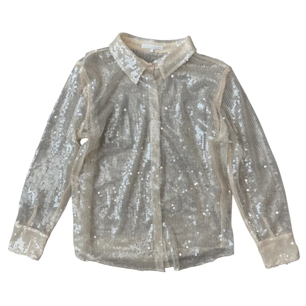 More To Come Revolve Ivory Sequin 2 Piece Sheer Button Down Shirt Pants Set M/L - Picture 9 of 11